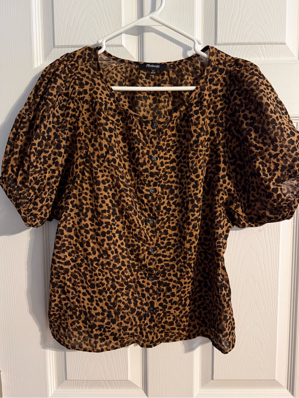 Madewell Leopard Print Puff Sleeve Button Front Blouse Size Medium